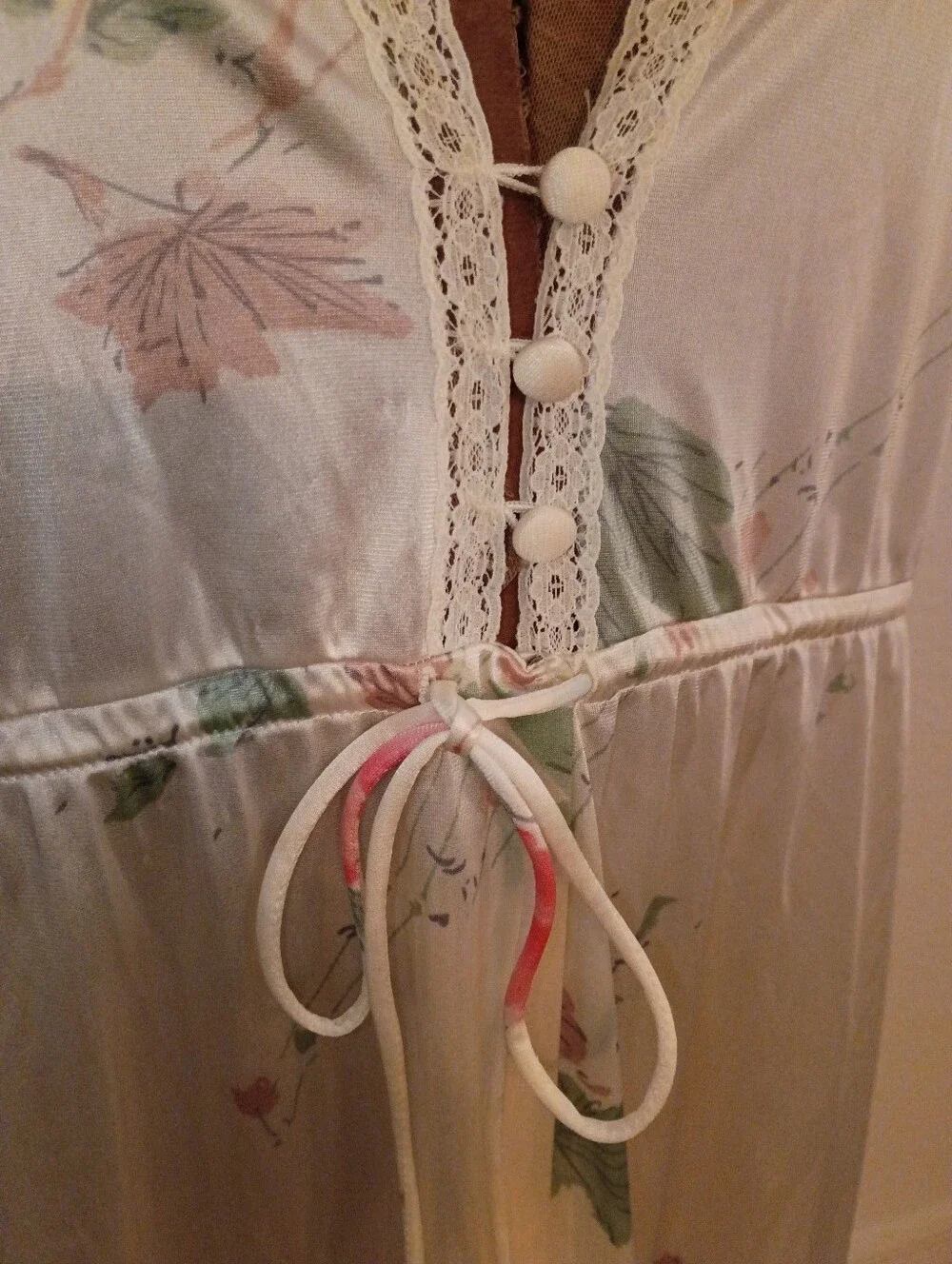 Vintage Floral Ivory & Pink Maxi Nightgown with Drawstring Waist